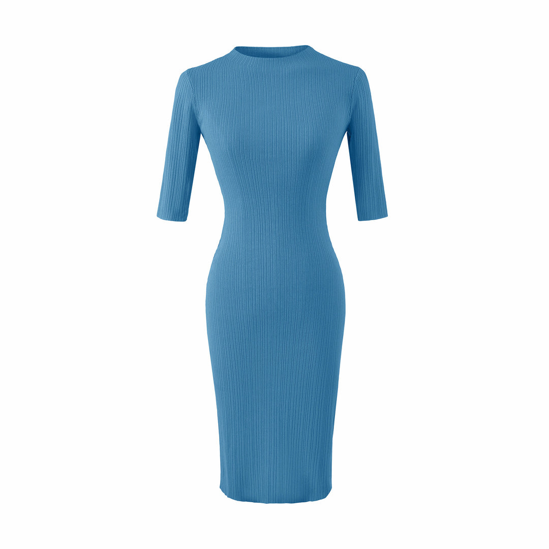 Women's fitted ribbed midi dress with half sleeves and stand-up collar Mune Fashion