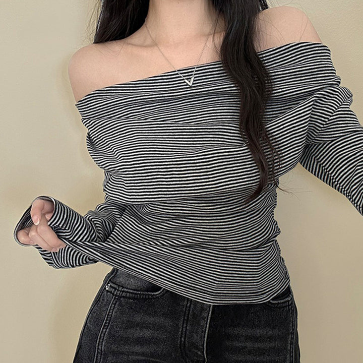 Women's asymmetrical off-shoulder long sleeve shirt with tailored gathering and slim stretch fit Mune Fashion