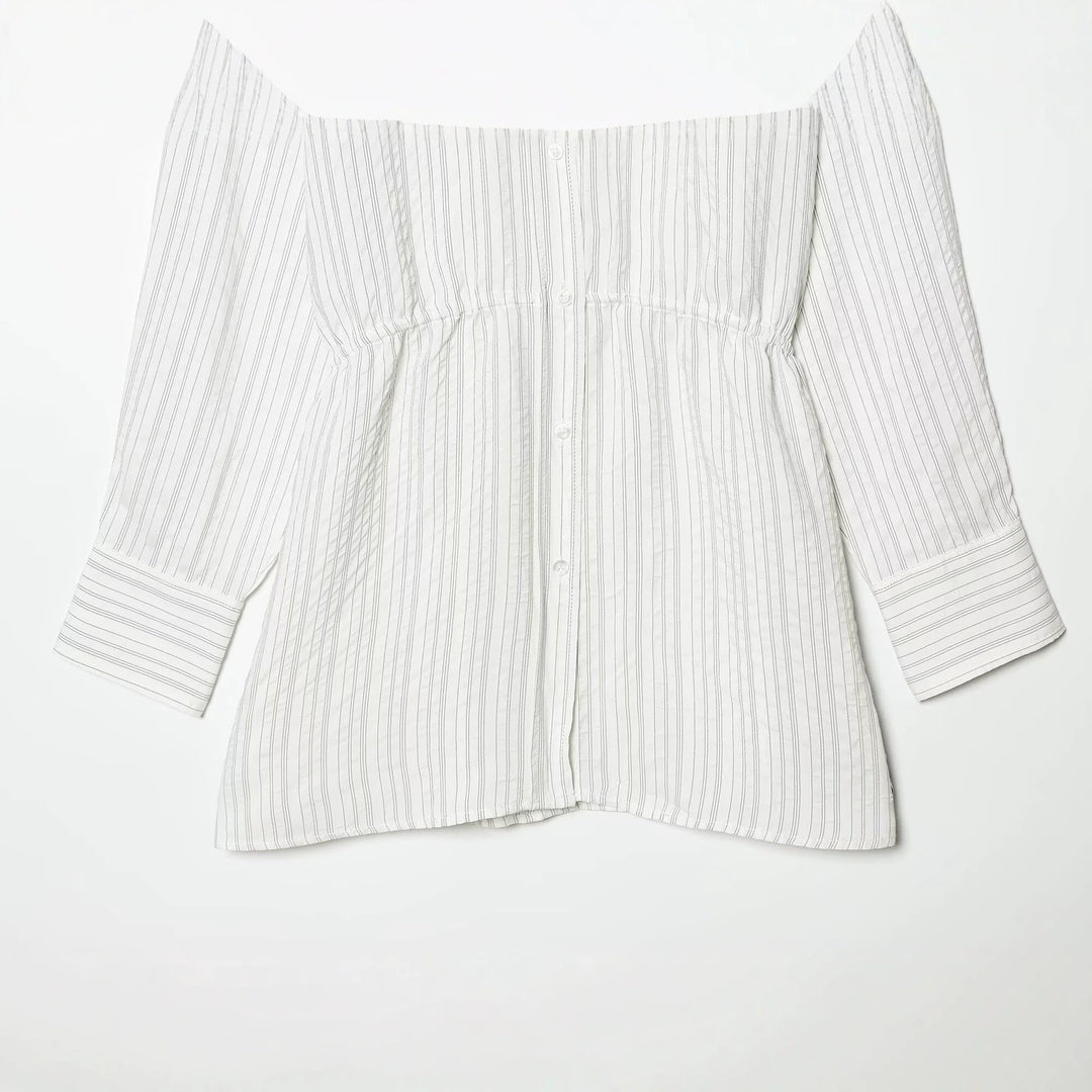 Women Striped Shirt Blouse Tunic with Drawstring Waist and Full Button Placket Mune Fashion