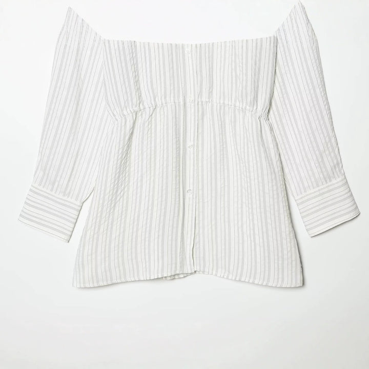 Women Striped Shirt Blouse Tunic with Drawstring Waist and Full Button Placket Mune Fashion