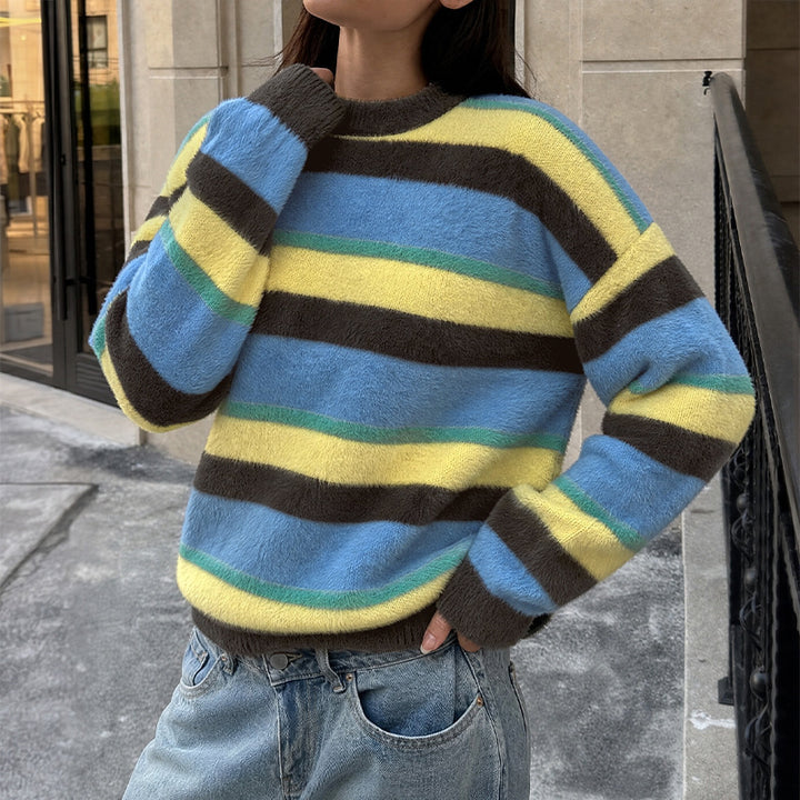 Women's Casual Knitted Sweater with Colorful Striped Pattern Mune Fashion