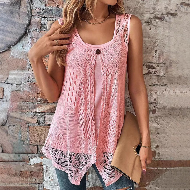 Women's crocheted A-line top with asymmetric scalloped hem and integrated jersey undershirt Mune Fashion