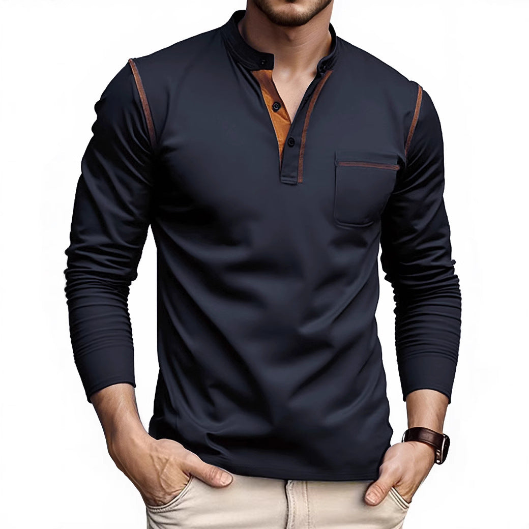 Men's Long Sleeve Shirt with Short Button Placket, Chest Pocket and Contrasting Decorative Stitching Mune Fashion