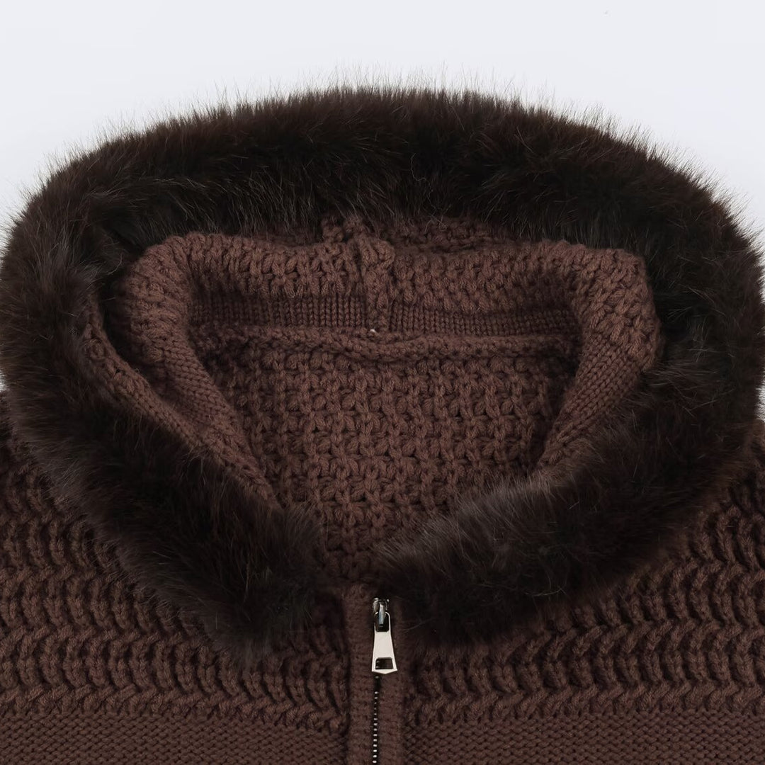 Women's chunky knit cardigan with zipper and faux fur hood Mune Fashion