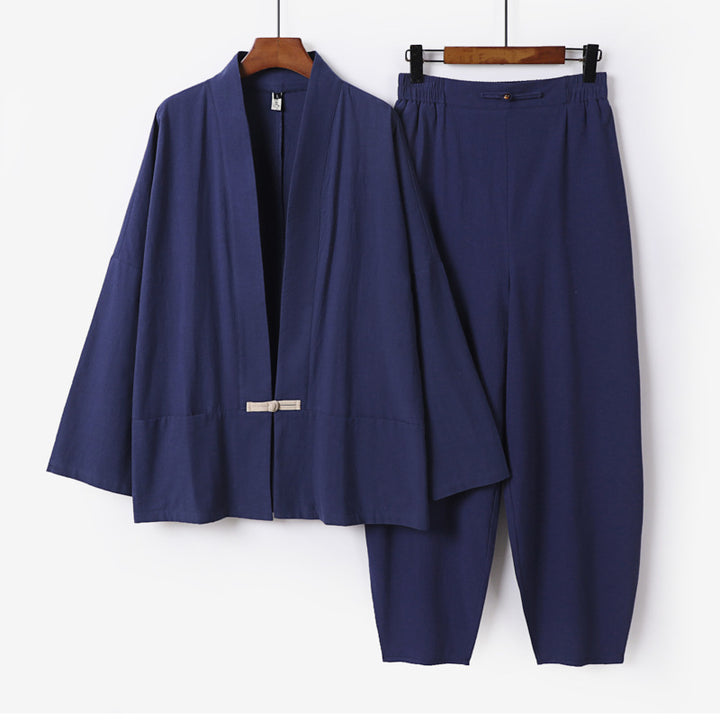 Men's Zen Relax Set with open kimono jacket, decorative toggle closure and tapered harem jogger pants Mune Fashion