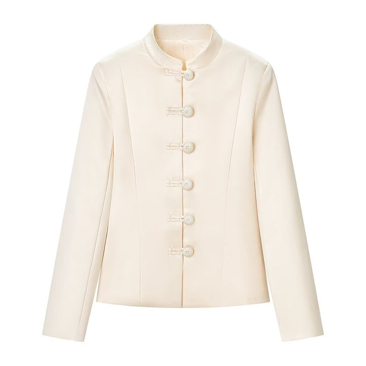 Women's Tailored Jacket with Mandarin Collar and Decorative Fabric Knot Mune Fashion