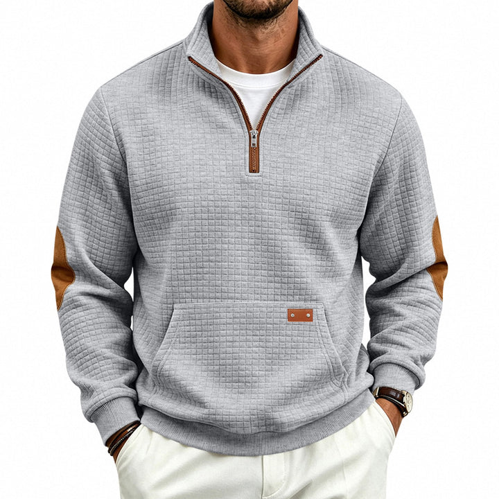 Men's Textured Half-Zip Sweatshirt with Waffle Structure, Kangaroo Pocket and Leather Elbow Patches Mune Fashion