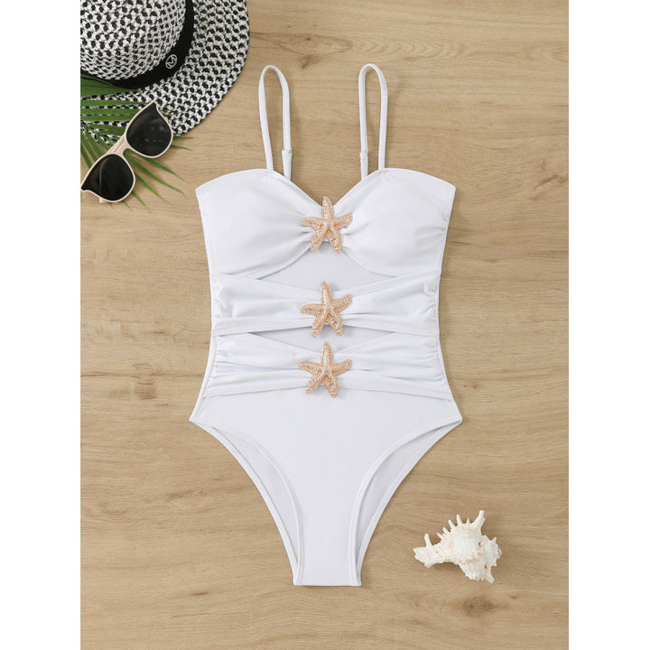 Women's elegant swimsuit with unique neckline and glittering star appliqués Mune Fashion
