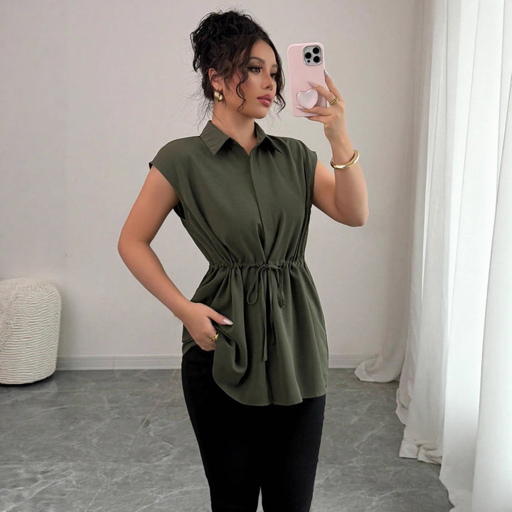 Women's Sleeveless Shirt Blouse Tunic with Drawstring Waistband Mune Fashion