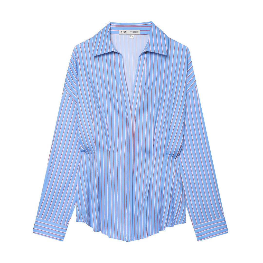 Women's Loose Shirt Blouse with Waist Pleats and Dropped Shoulders Mune Fashion