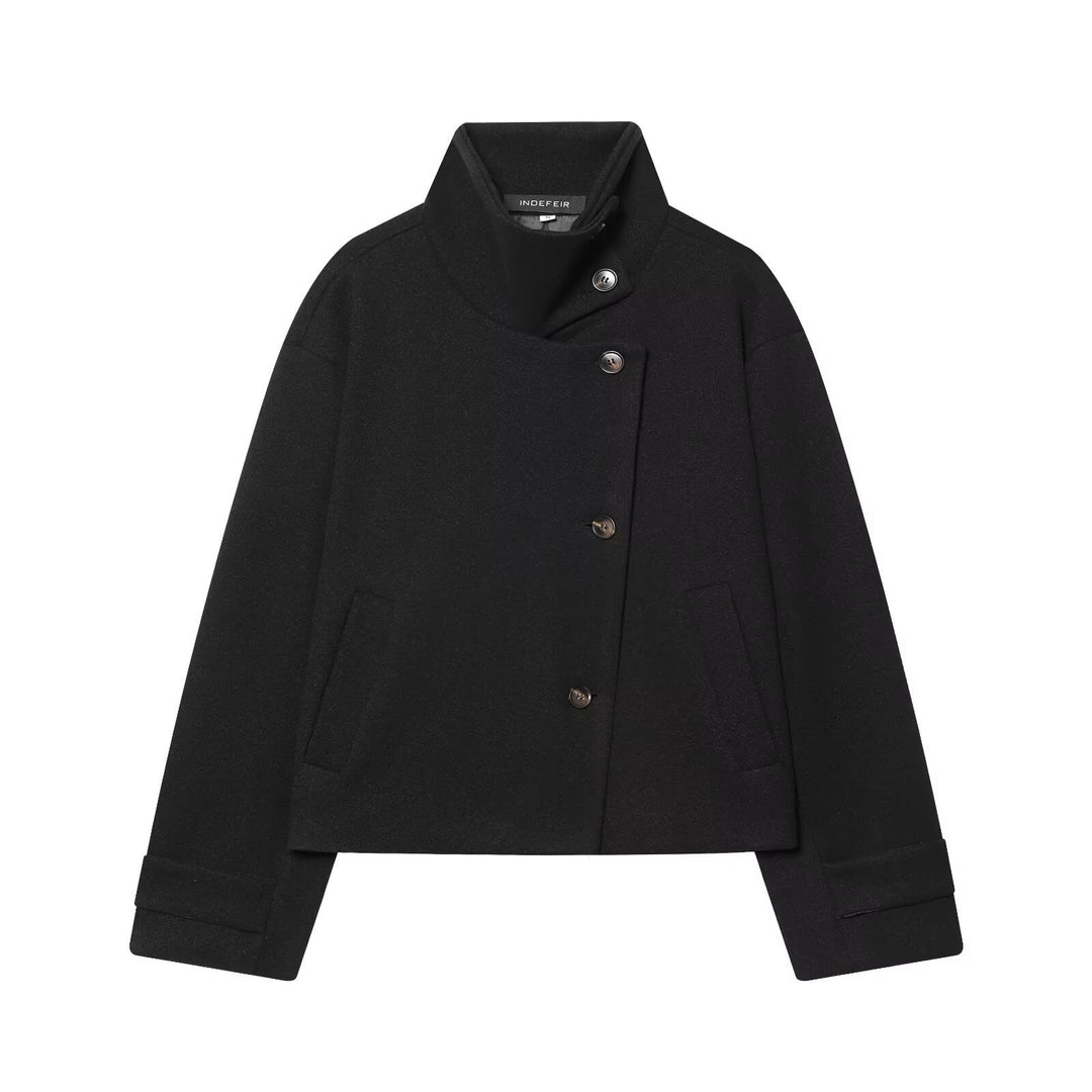 Women's Short Boxy Wool Coat with Asymmetrical Button Placket and Stand-up Collar Mune Fashion