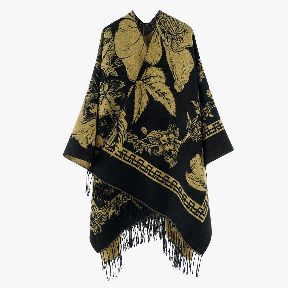 Women's lightweight jacquard poncho with floral all-over pattern, asymmetrical pointed hem and fringes