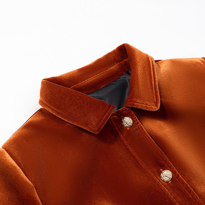 Women's short jacket in velvet look with shirt collar, applied flap pockets, and gold-colored decorative buttons Mune Fashion
