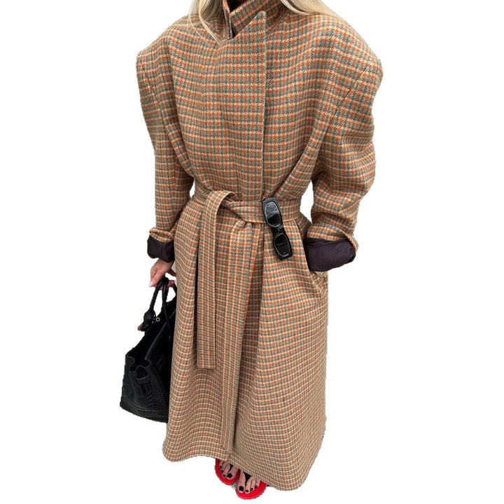 Women Oversized Wool Check Coat with Waist Belt and Emphasized Shoulder Area Mune Fashion