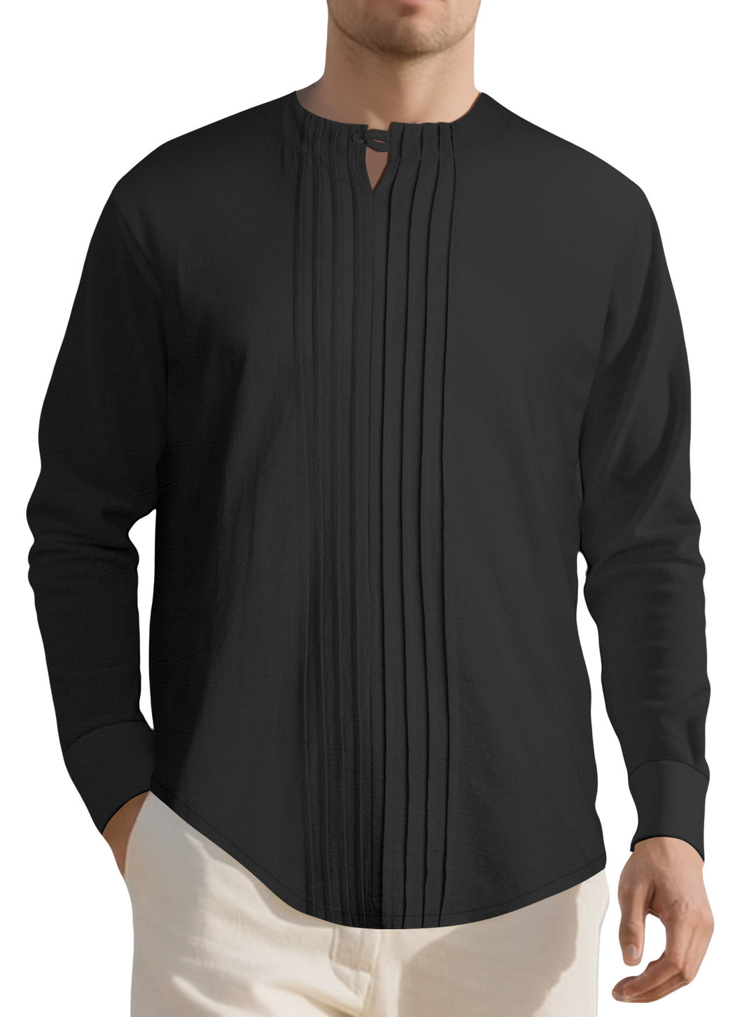 Men's Lightweight Long Sleeve Shirt in Linen Look with Stand-Up Collar, Pleats and Loop Closure Mune Fashion