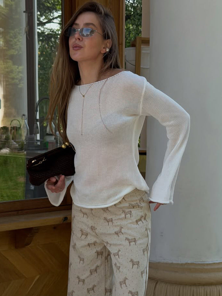 Women's chunky knit pullover with wide boat neck & extra wide trumpet sleeves Mune Fashion