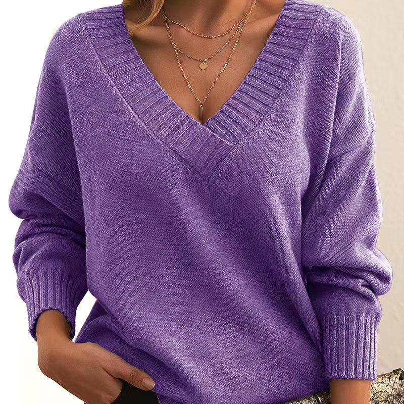 Women's Oversized V-Neck Knit Sweater with Ribbed Cuffs Mune Fashion