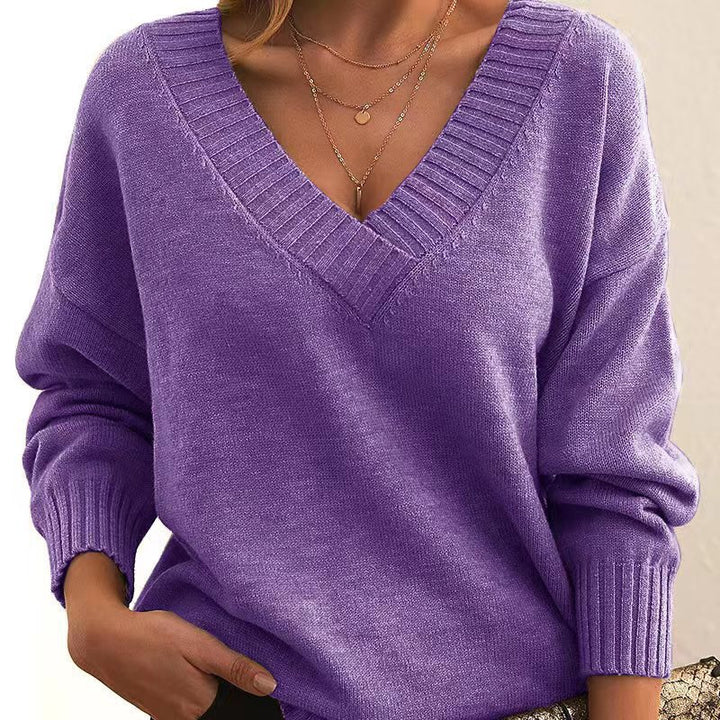 Women's Oversized V-Neck Knit Sweater with Ribbed Cuffs Mune Fashion
