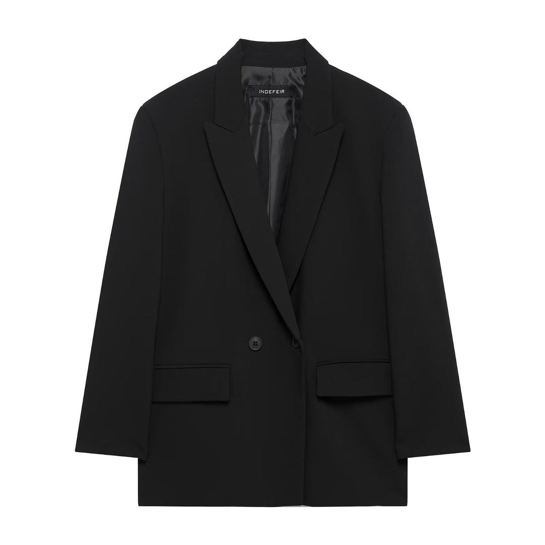 Women's Long Double-Breasted Blazer Coat with Oversized Cut and Flap Pockets Mune Fashion