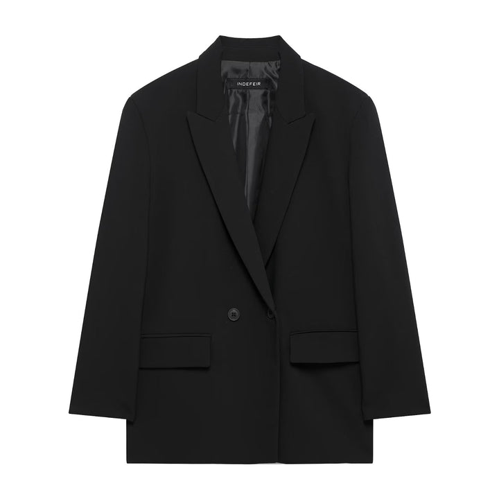Women's Long Double-Breasted Blazer Coat with Oversized Cut and Flap Pockets Mune Fashion