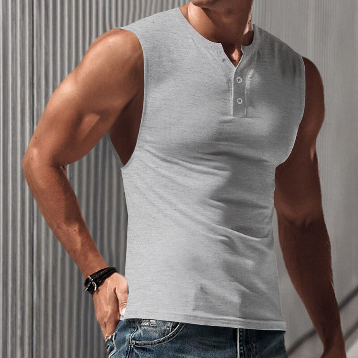 Men's sleeveless muscle shirt with Henley button placket, deep armhole, and elastic cotton blend Mune Fashion