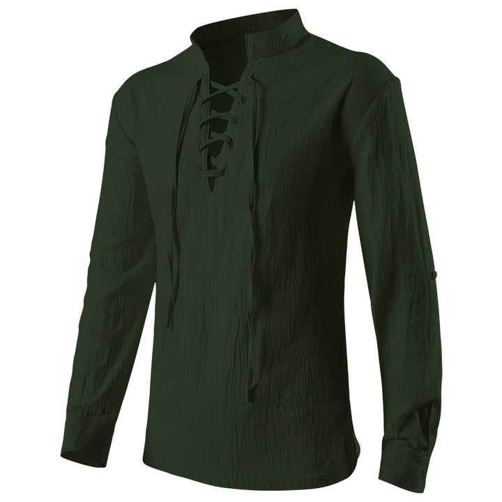 Men's casual short-sleeve shirt with laced V-neck, short stand-up collar, and soft cotton blend Mune Fashion