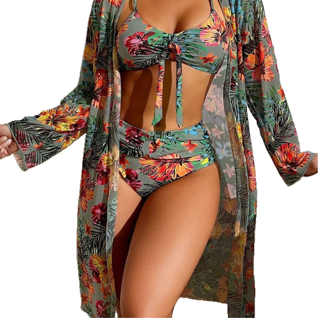Ladies Bikini Set with Floral Patterns and Airy Kimono Jacket Mune Fashion