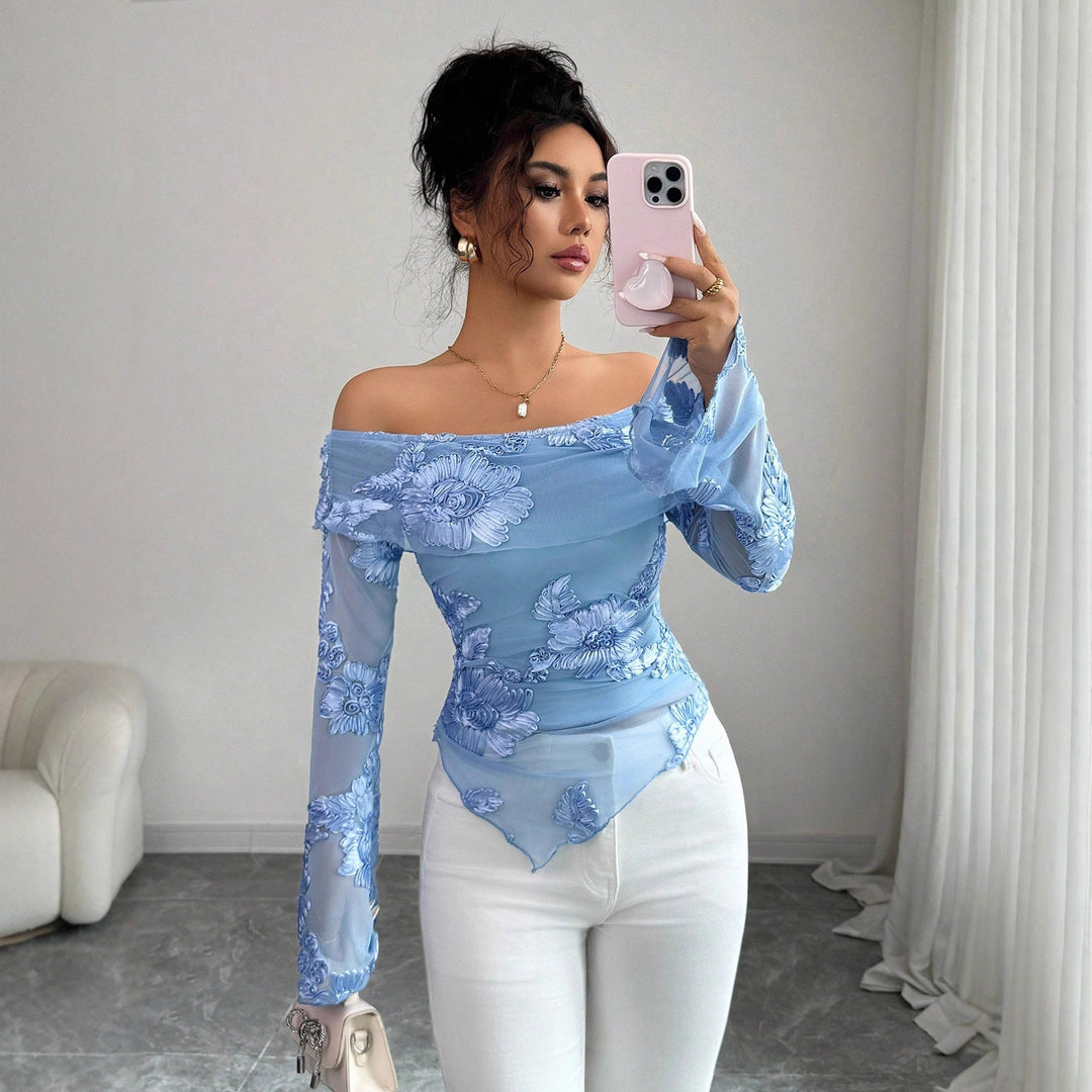 Ladies off-shoulder mesh top with three-dimensional lace appliqué, flared bell sleeves, and asymmetrical scalloped hem Mune Fashion