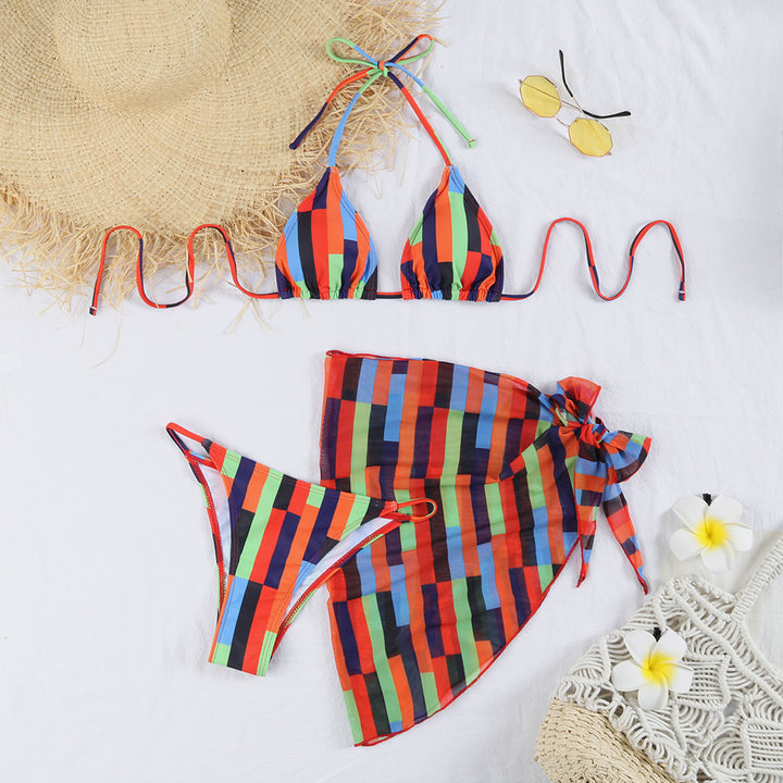 Women's triangle bikini with stylish check pattern and practical wrap robe Mune Fashion