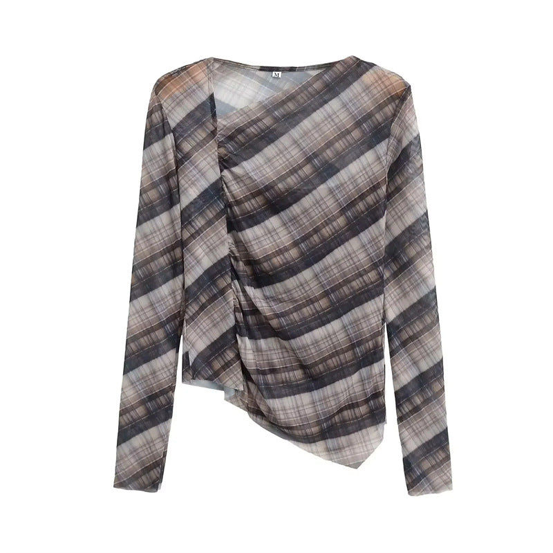 Women's nano transparent asymmetrical check pattern long sleeve Mune Fashion
