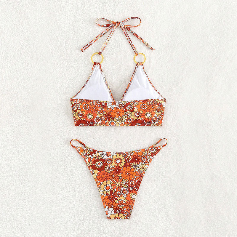 Ladies Triangle Bikini with Rings and Floral Design Mune Fashion