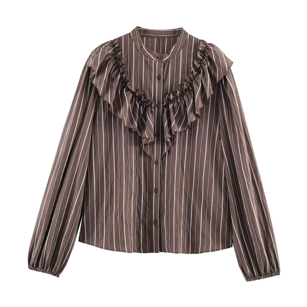 Women's Striped Ruffle Blouse with V-Flounce and Stand-Up Collar Mune Fashion
