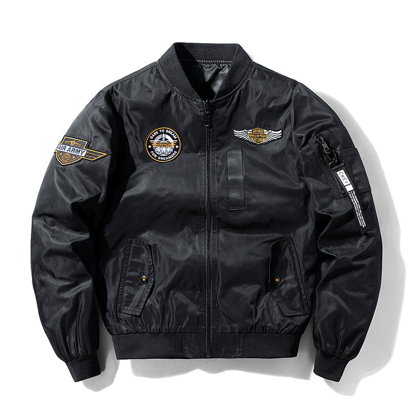 Men's bomber jacket in flight style with nylon shell, patch applications, and arm pocket Mune Fashion