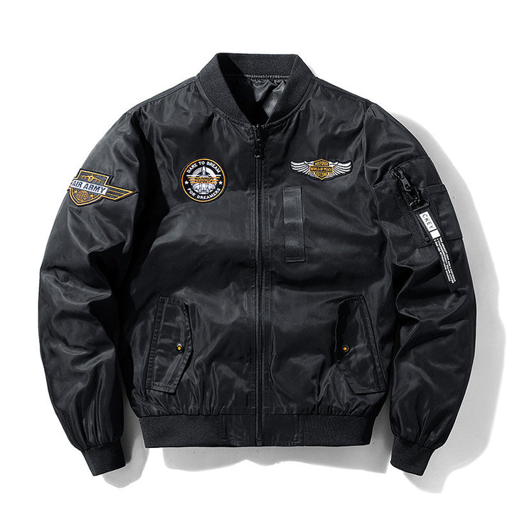 Men's bomber jacket in flight style with nylon shell, patch applications, and arm pocket Mune Fashion