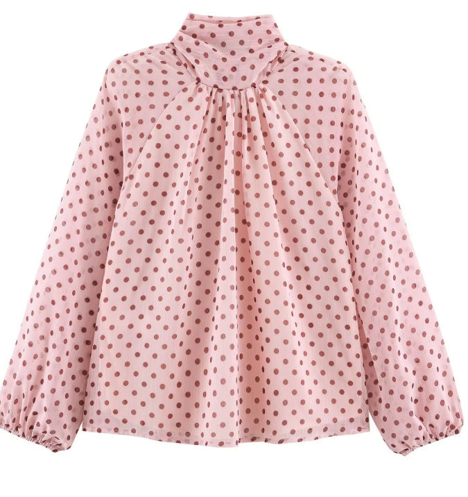 Ladies 100+ Chiffon blouse with bow collar, puff sleeves and polka dot print Mune Fashion