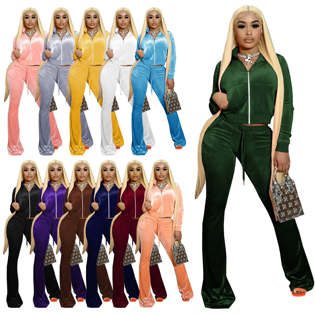 Women's Two-Piece Velvet Lounge Set with Cropped Zipper Hoodie and Flared Palazzo Pants EB