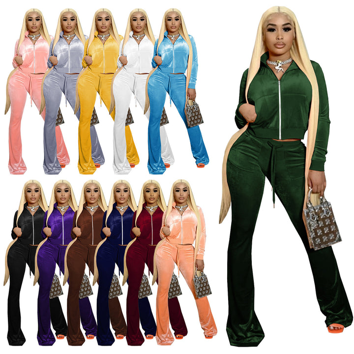 Women's Two-Piece Velvet Lounge Set with Cropped Zipper Hoodie and Flared Palazzo Pants EB
