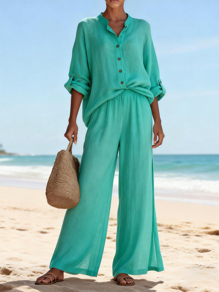 Women's Airy Linen Blouse and Wide Pants Mune Fashion