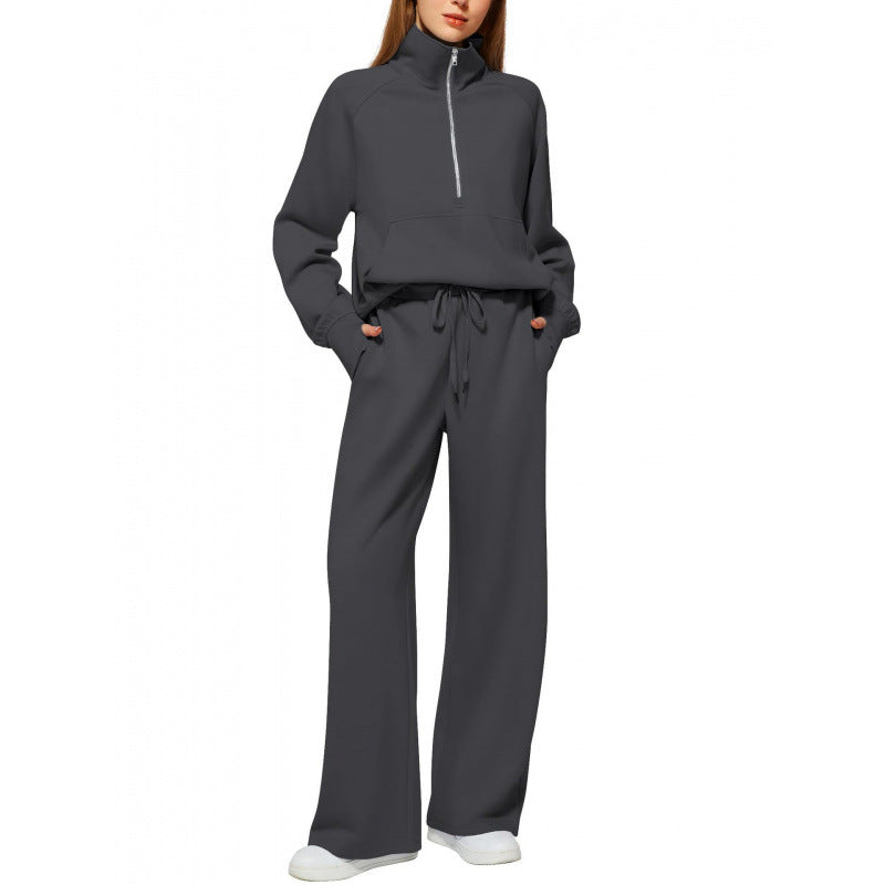 Women's Two-Piece Lounge Set with Half Zip, Stand Collar and Wide Palazzo Pants Mune Fashion