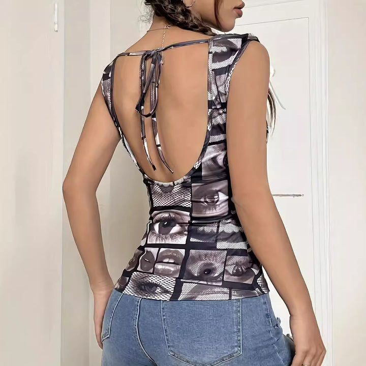 Women's tailored sleeveless jersey top with waterfall collar and collage-style face print Mune Fashion