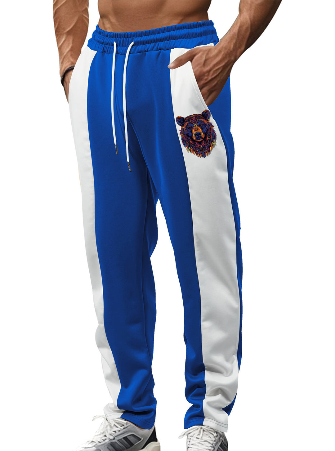 Men's sporty track pants with side contrast stripes, elastic waistband, drawstring, and deer embroidery Mune Fashion