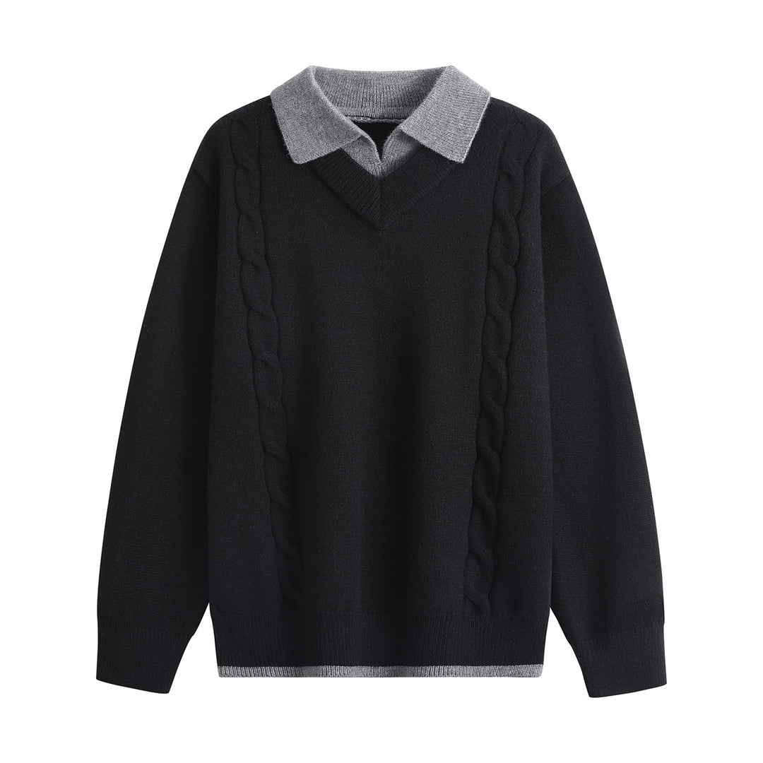 Women's Oversize Pullover with V-Neck, Contrasting Polo Collar & Cable Knit Details Mune Fashion