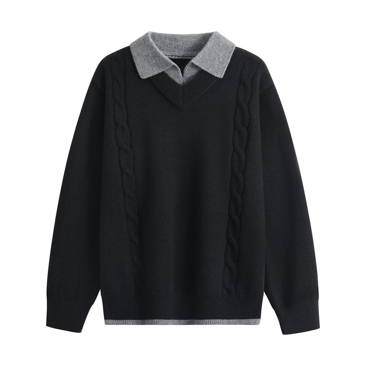 Women's Oversize Pullover with V-Neck, Contrasting Polo Collar & Cable Knit Details Mune Fashion