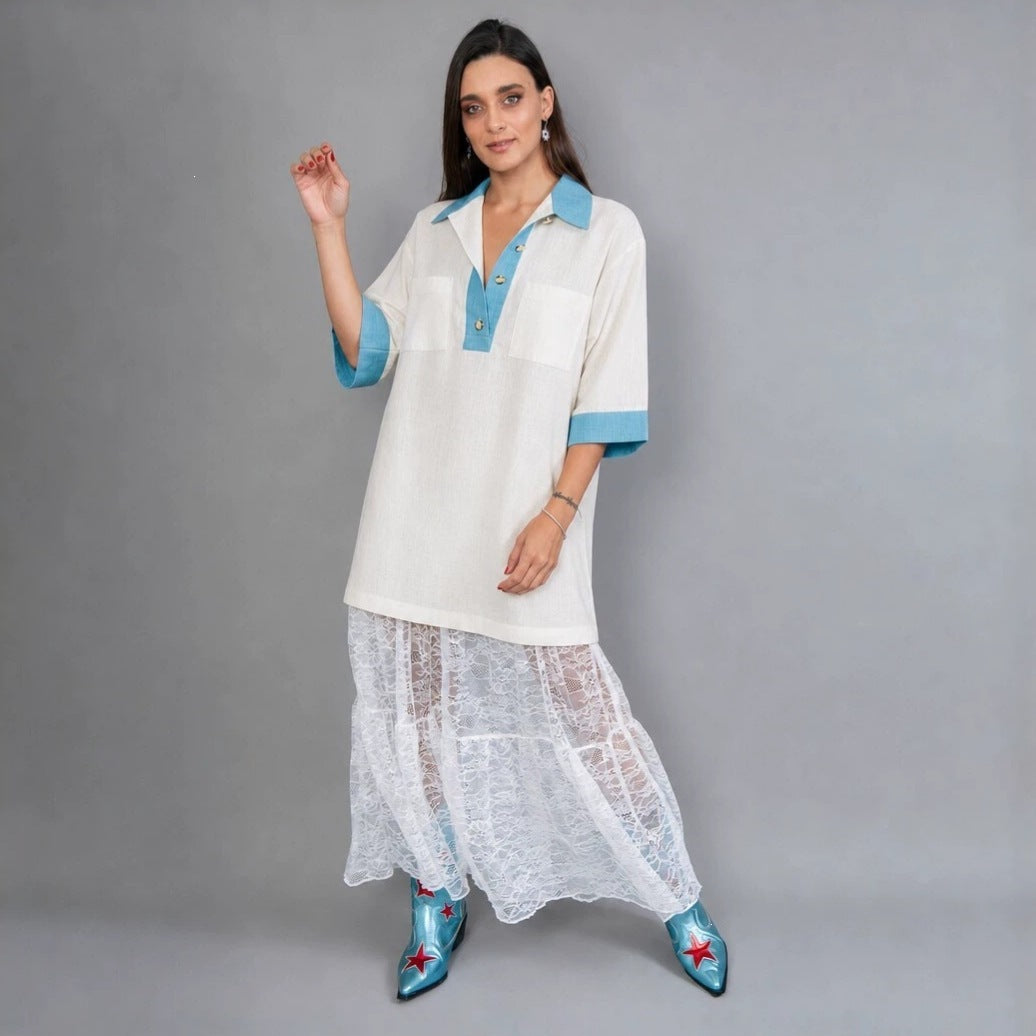 Women's oversized polo tunic with contrast collar and patch breast pockets Mune Fashion
