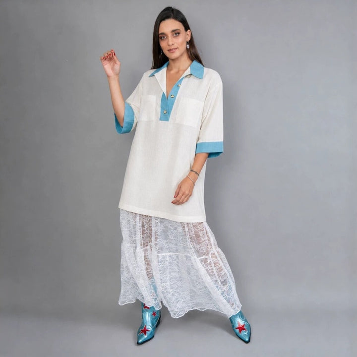 Women's oversized polo tunic with contrast collar and patch breast pockets Mune Fashion