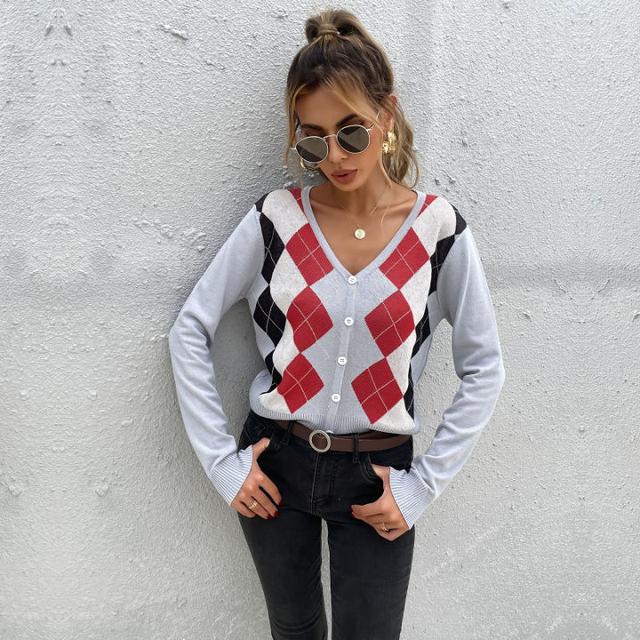 Women's Lightweight Short Cardigan with Diamond Pattern, V-Neck and Button Placket Mune Fashion