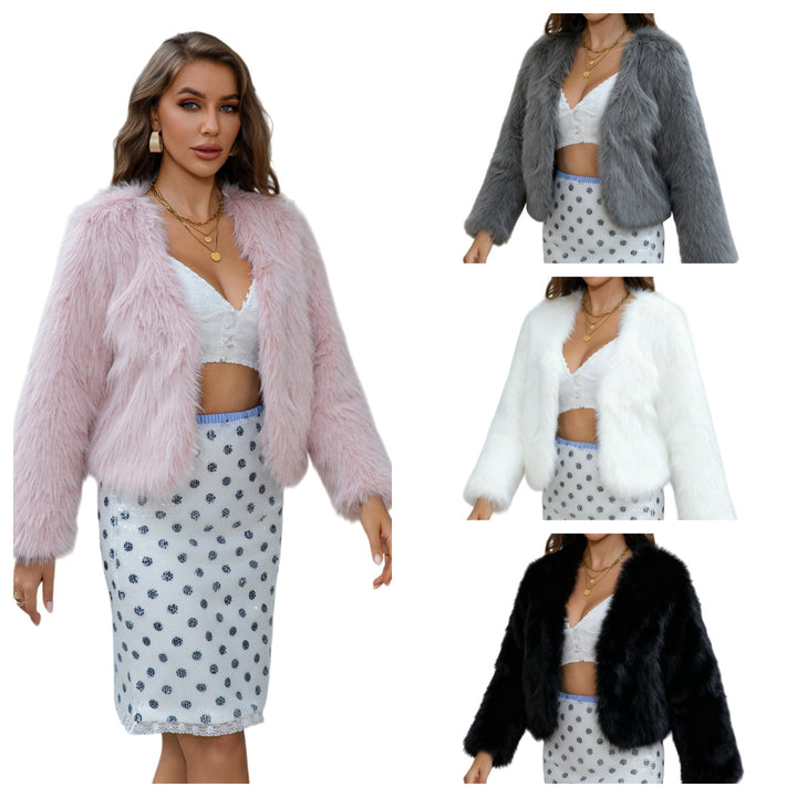 Women Short Cut Faux Fur Jacket with Open Front Cut Mune Fashion