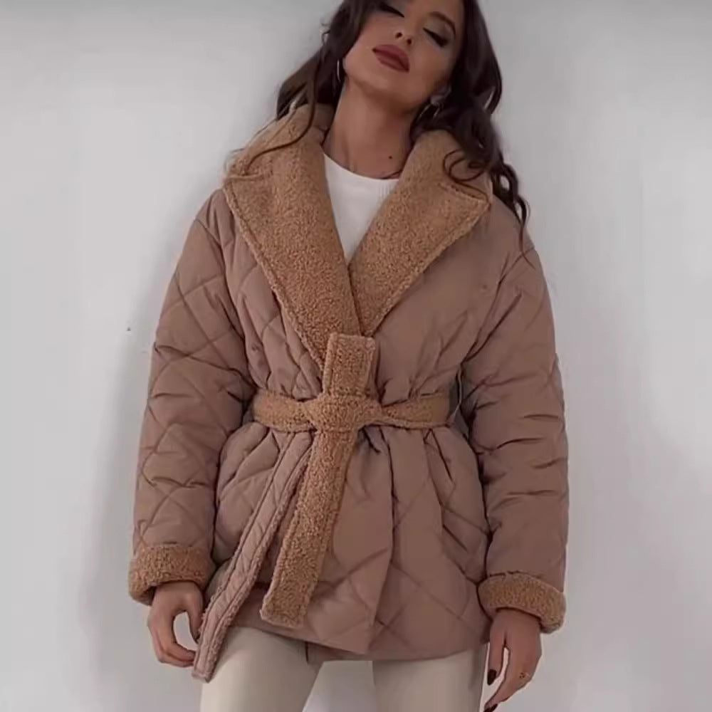 Women’s quilted jacket with teddy lining, fitted belt and large shawl collar Mune Fashion