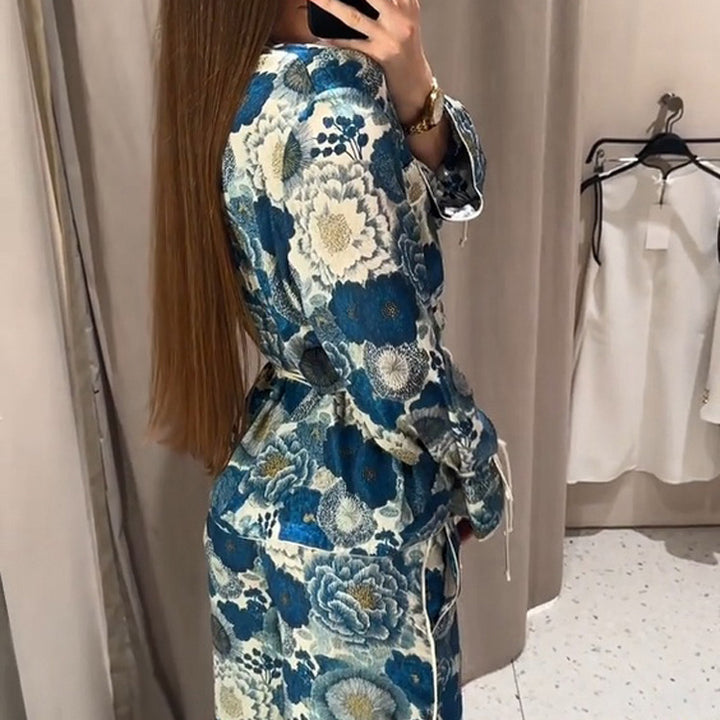 Women Two-Piece Floral Jacquard Loungewear Set with Waist Belt, Piping and Tied Sleeves Mune Fashion