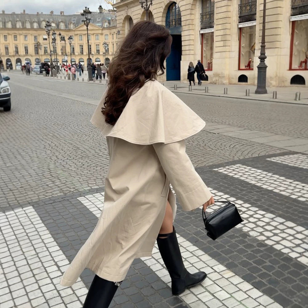 Ladies Oversize Trench Coat with Cape Detail and High Stand Collar Mune Fashion